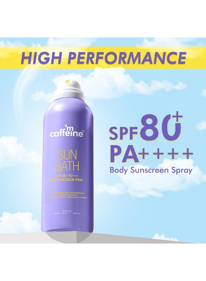 mCaffeine Sun Bath SPF 80+ PA ++++ Body Sunscreen Spray | High UV Protection | Invisible, Non-Greasy, 180 Mins Water/Sweat Resistant Cooling Spray| For All Skin Types | Blueberry Fragrance -100ml - Image 2
